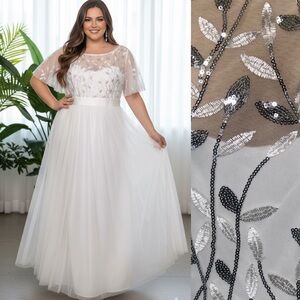 4X PLUS SIZE White & Silver Floral Sequins 3/4 Chiffon Sleeve Long Wedding DRESS
